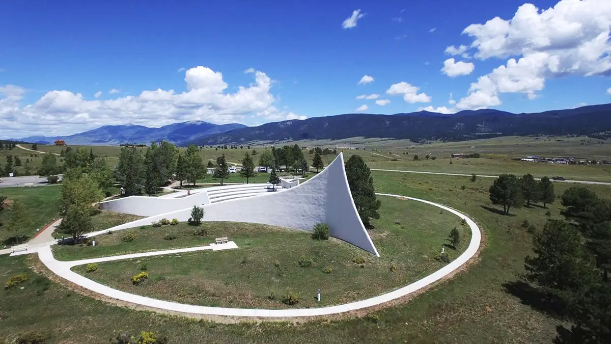 VIetnam-Vet-Memorial Aerial view of the Vietnam Veterans Memorial with the valley and mountains of Angel Fire, NM in the background.