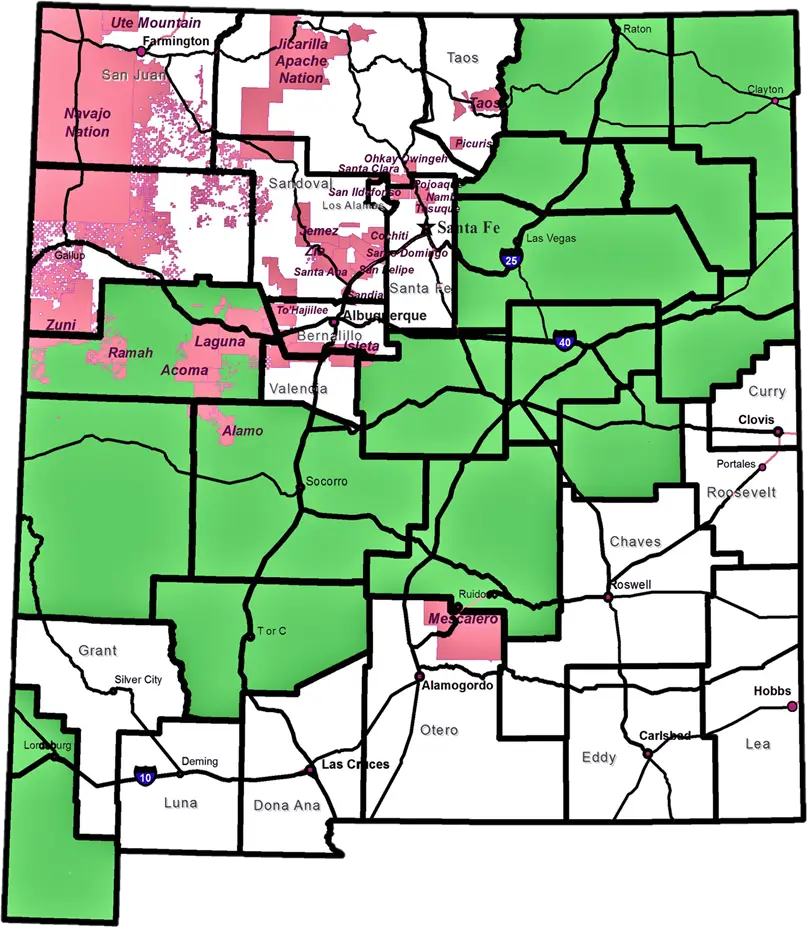 Highly-Rural-Veteran-Transportation-Program Map of New Mexico that highlights counties and Native or Tribal lands that are covered by the Highly Rural Veteran Transportation Program