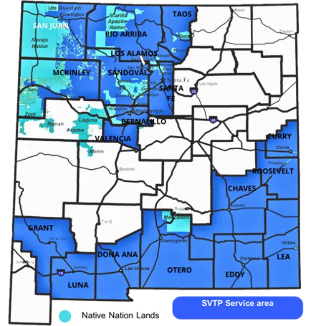 Statewide-Veterans-Transportation-Program Map of New Mexico that highlights counties and Native or Tribal lands that are covered by the Statewide Veterans Transportation Program