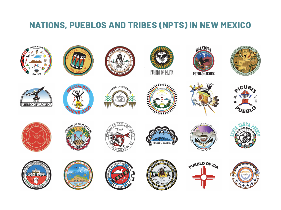 NPT Seals Map of New Mexico that highlights counties and Native or Tribal lands that are covered by the Highly Rural Veteran Transportation Program